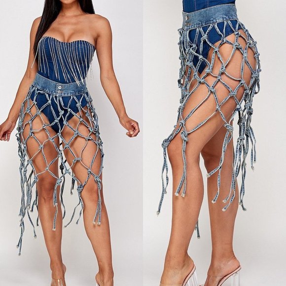 Unique  Net Jean Midi Skirt - Picture 1 of 2